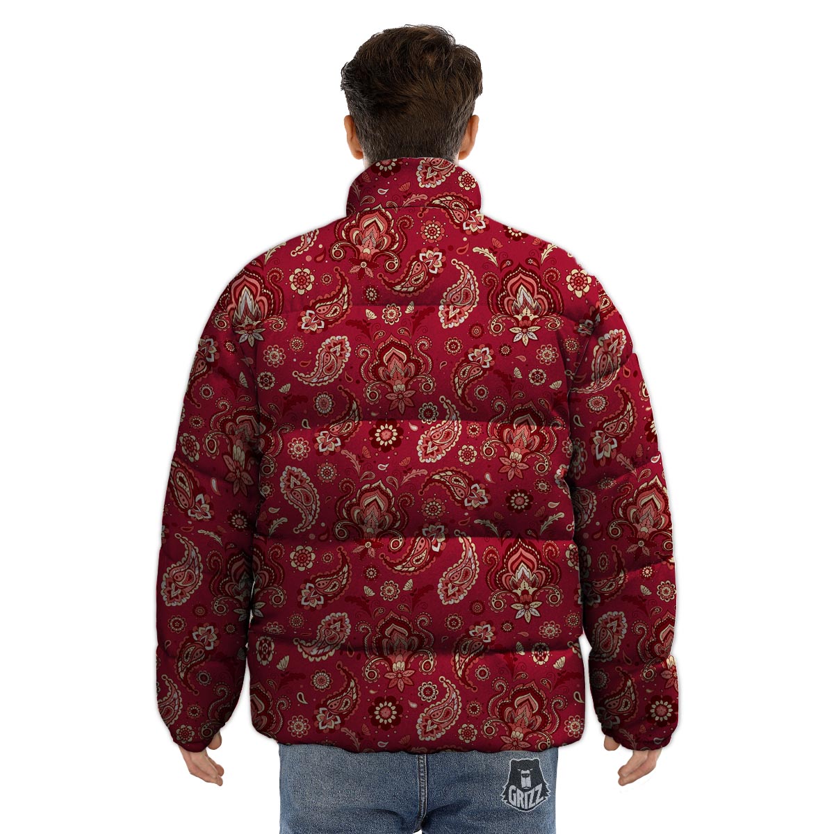 Paisley Red Print Pattern Puffer Jacket-grizzshop