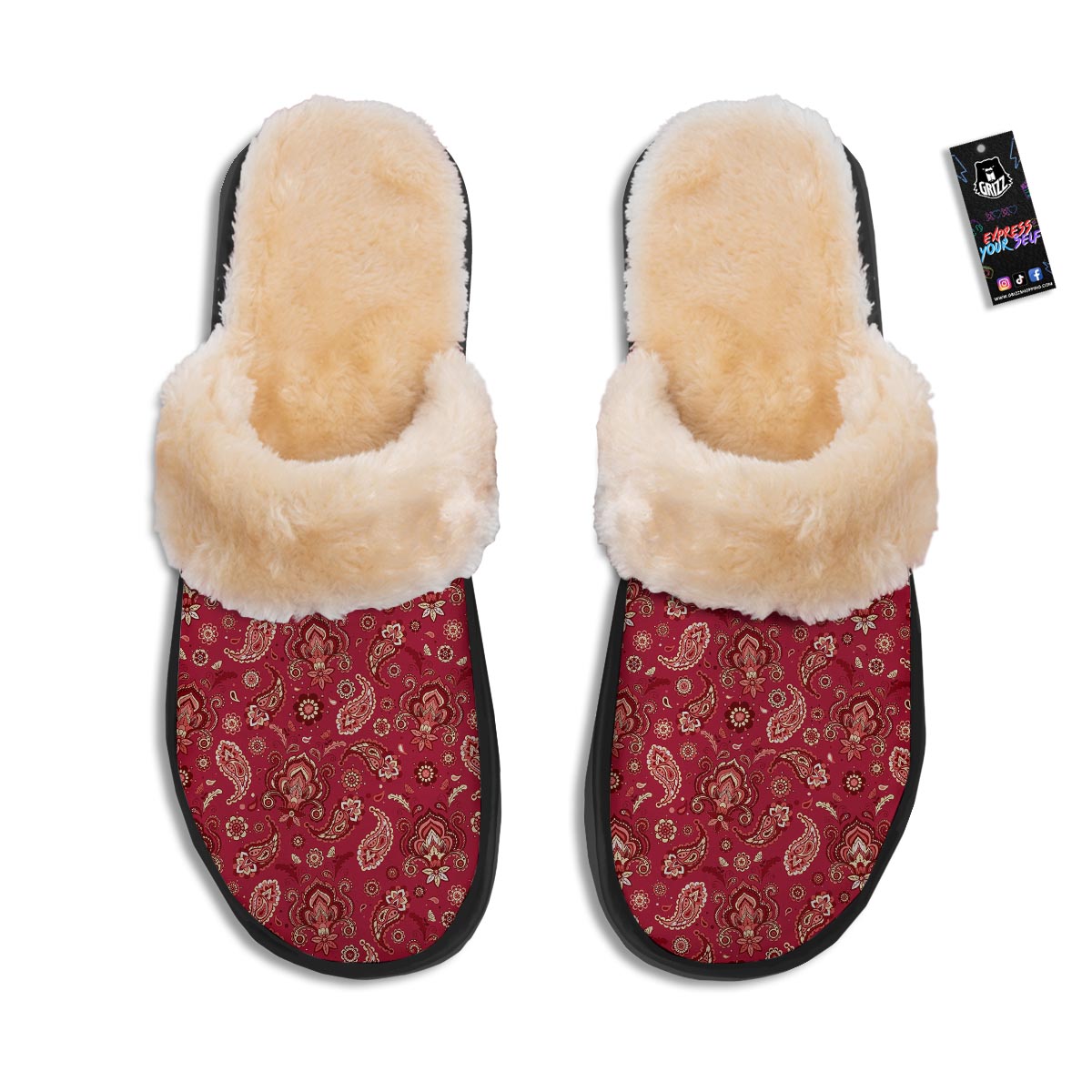 Paisley Red Print Pattern Slippers-grizzshop