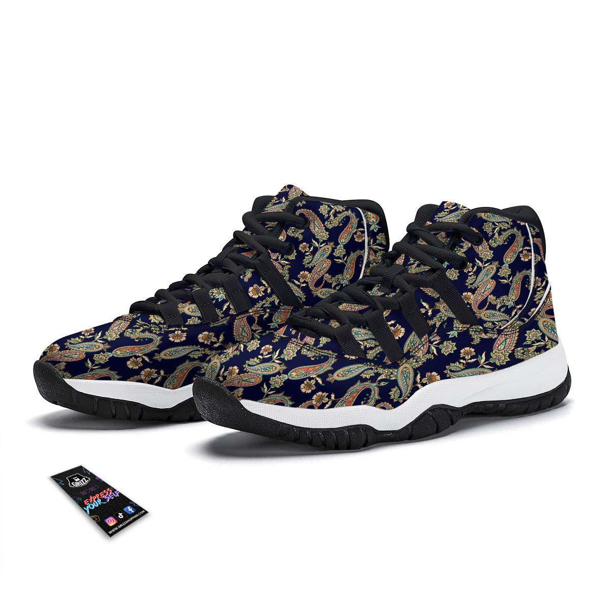 Paisley Retro Print Pattern Black Bball Shoes-grizzshop