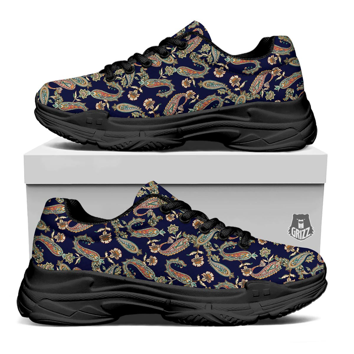 Paisley Retro Print Pattern Black Chunky Shoes-grizzshop