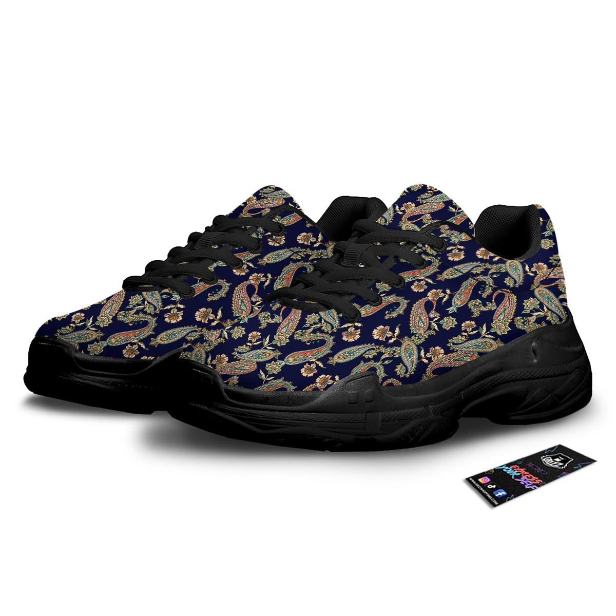 Paisley Retro Print Pattern Black Chunky Shoes-grizzshop