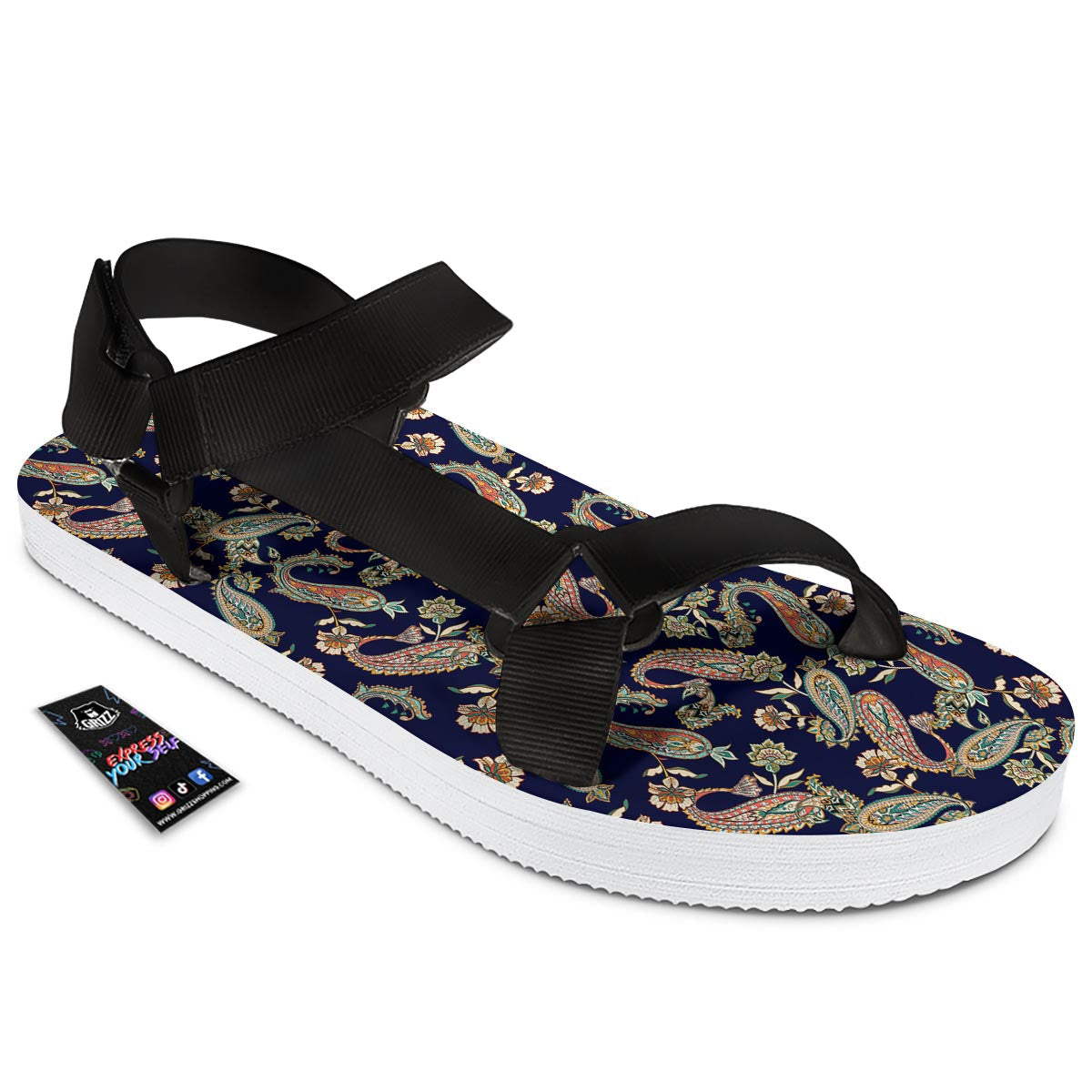 Paisley Retro Print Pattern Black Open Toe Sandals-grizzshop