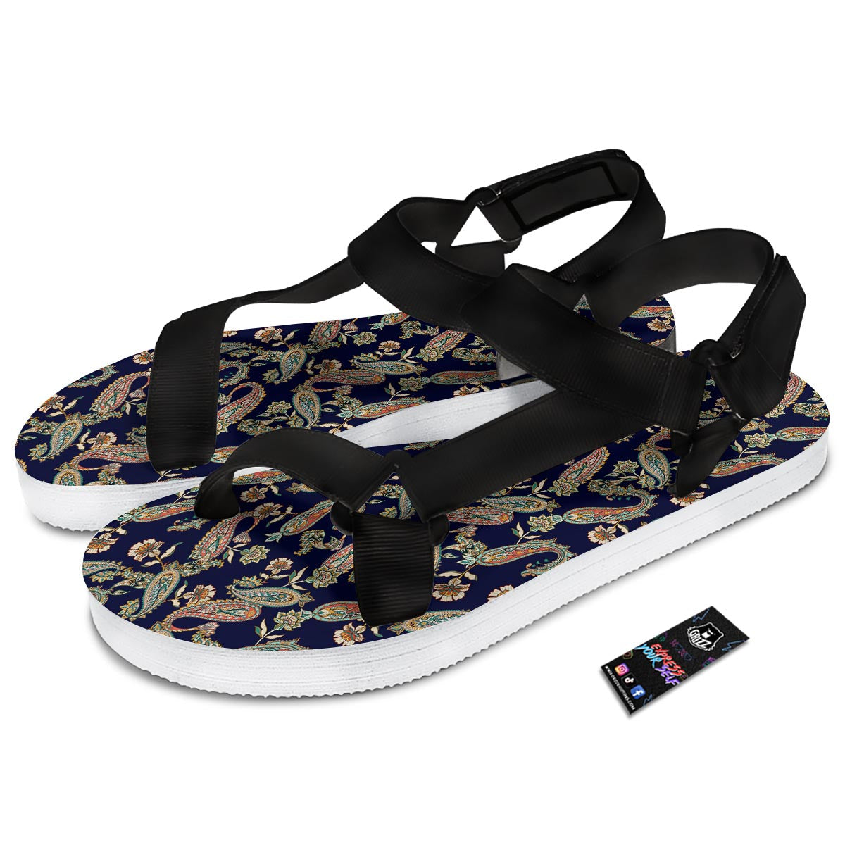 Paisley Retro Print Pattern Black Open Toe Sandals-grizzshop