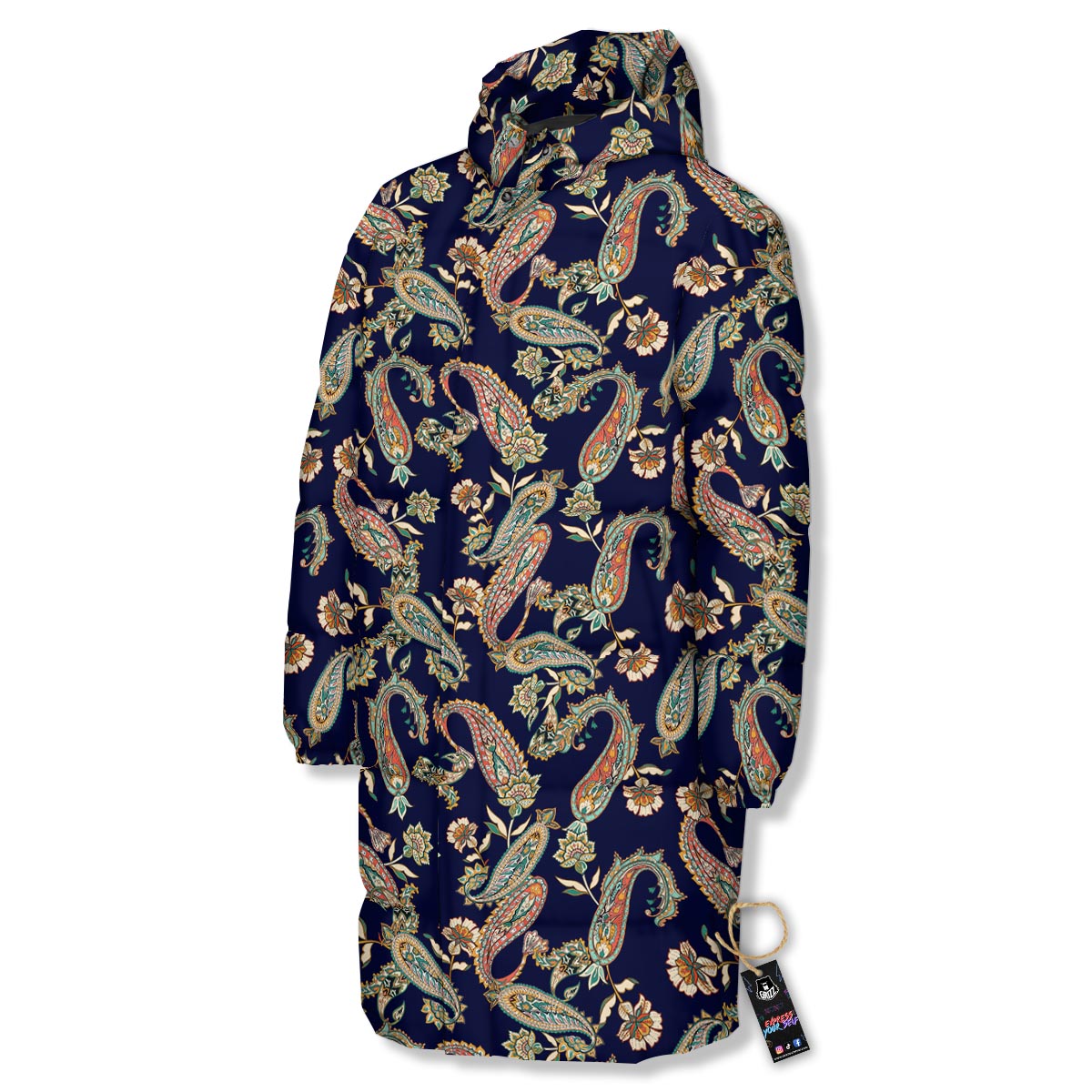 Paisley Retro Print Pattern Long Down Jacket-grizzshop