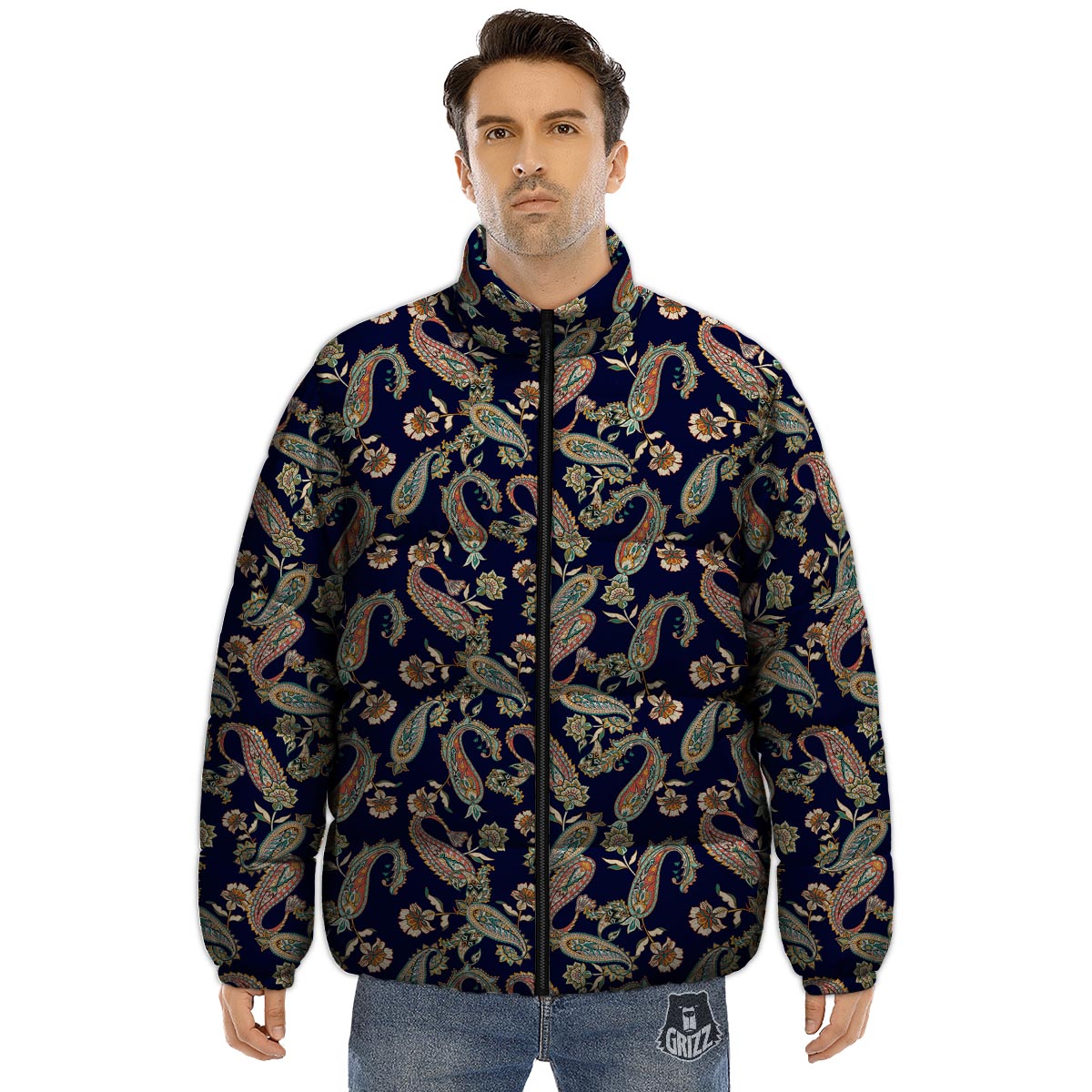 Paisley Retro Print Pattern Puffer Jacket-grizzshop