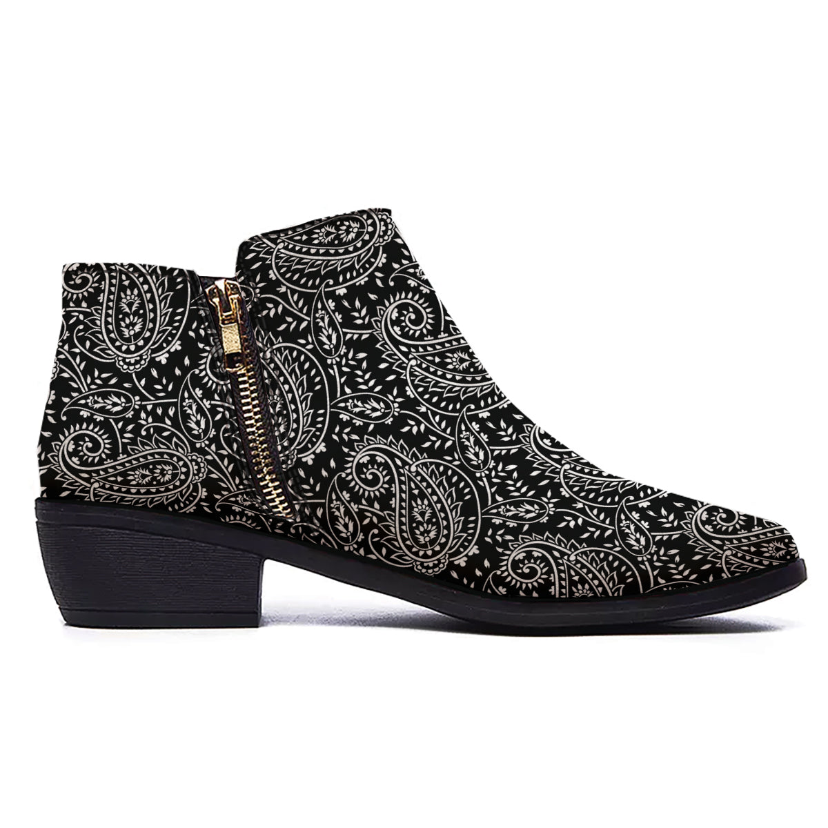 Paisley White And Black Print Pattern Ankle Boots-grizzshop