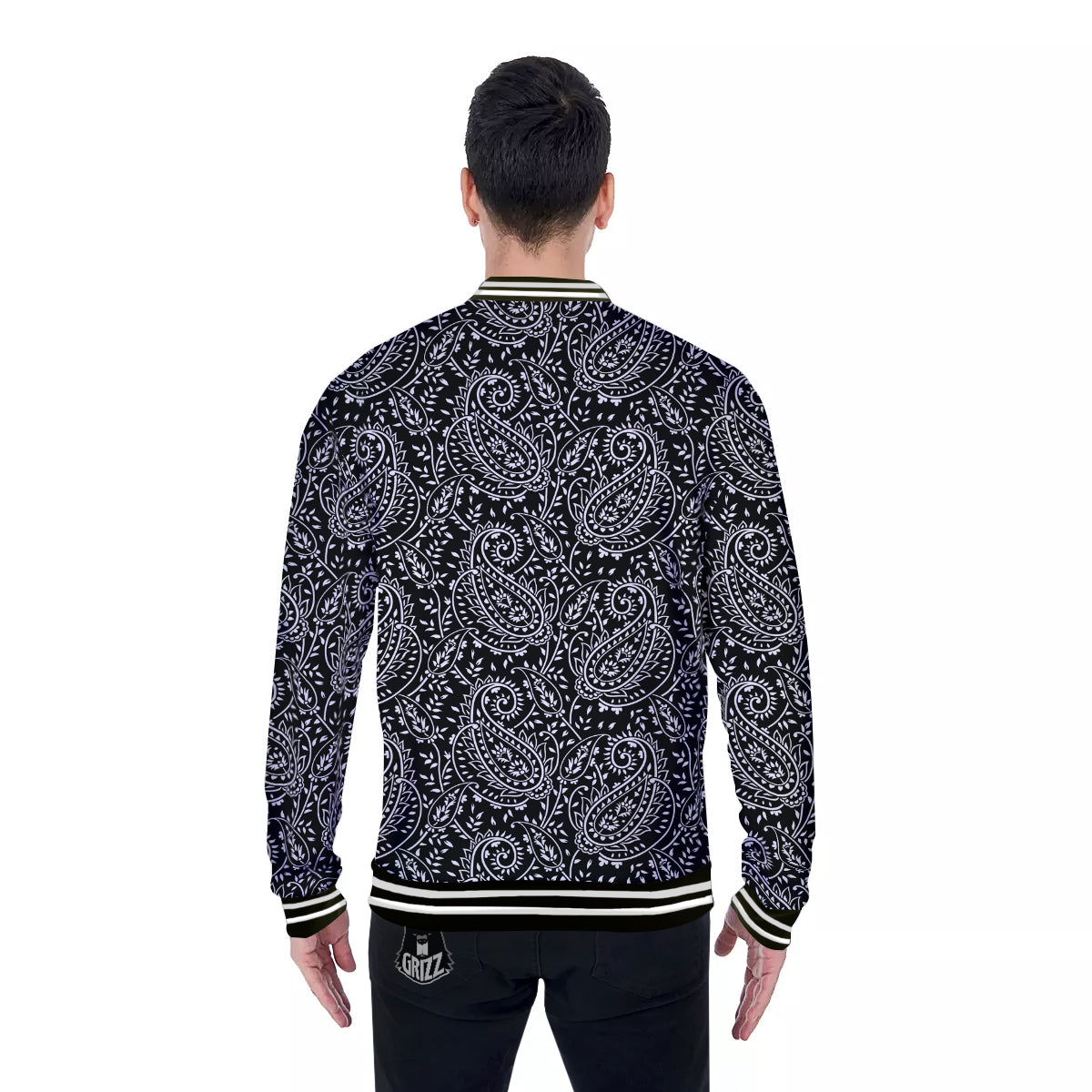 Paisley White And Black Print Pattern Baseball Jacket-grizzshop