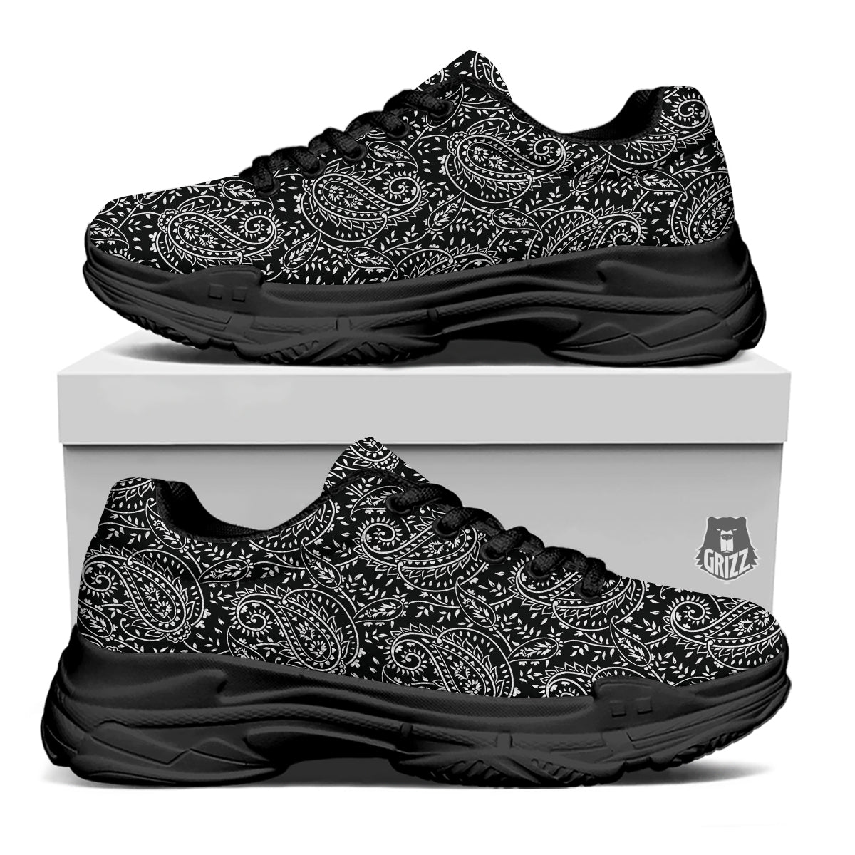 Paisley White And Black Print Pattern Black Chunky Shoes-grizzshop