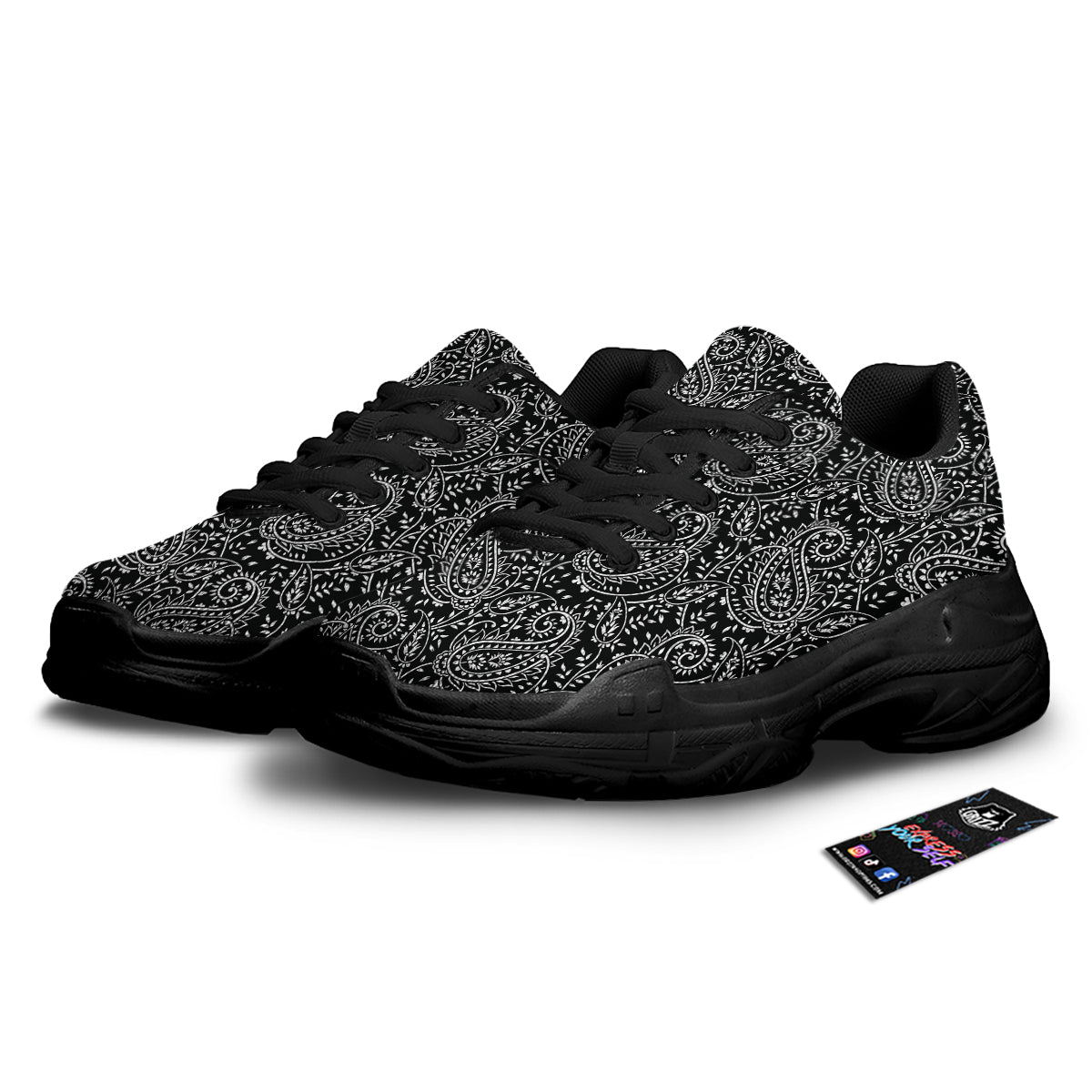 Paisley White And Black Print Pattern Black Chunky Shoes-grizzshop
