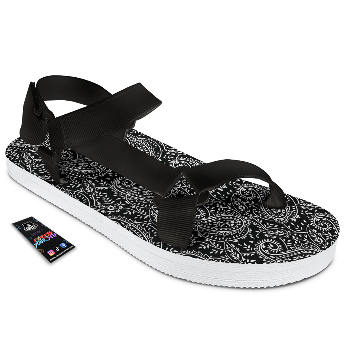 Paisley White And Black Print Pattern Black Open Toe Sandals-grizzshop