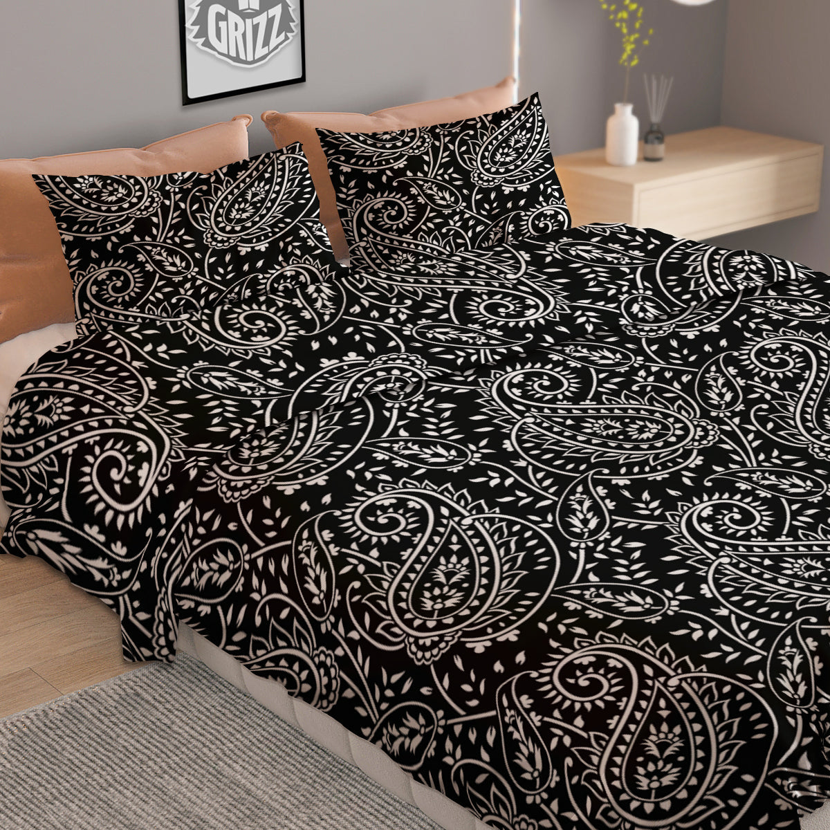 Paisley White And Black Print Pattern Duvet Cover Bedding Set