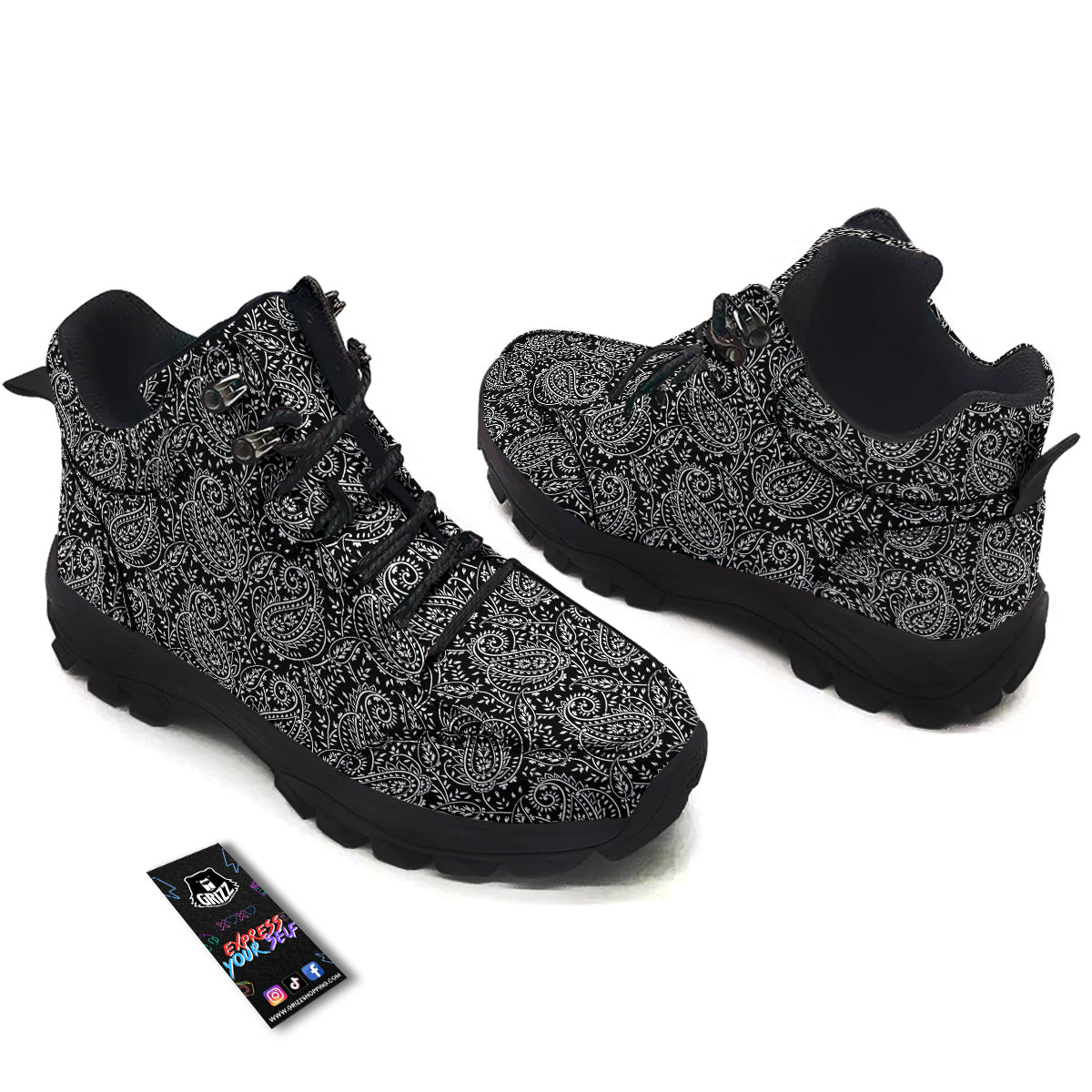 Paisley White And Black Print Pattern Hiking Shoes-grizzshop