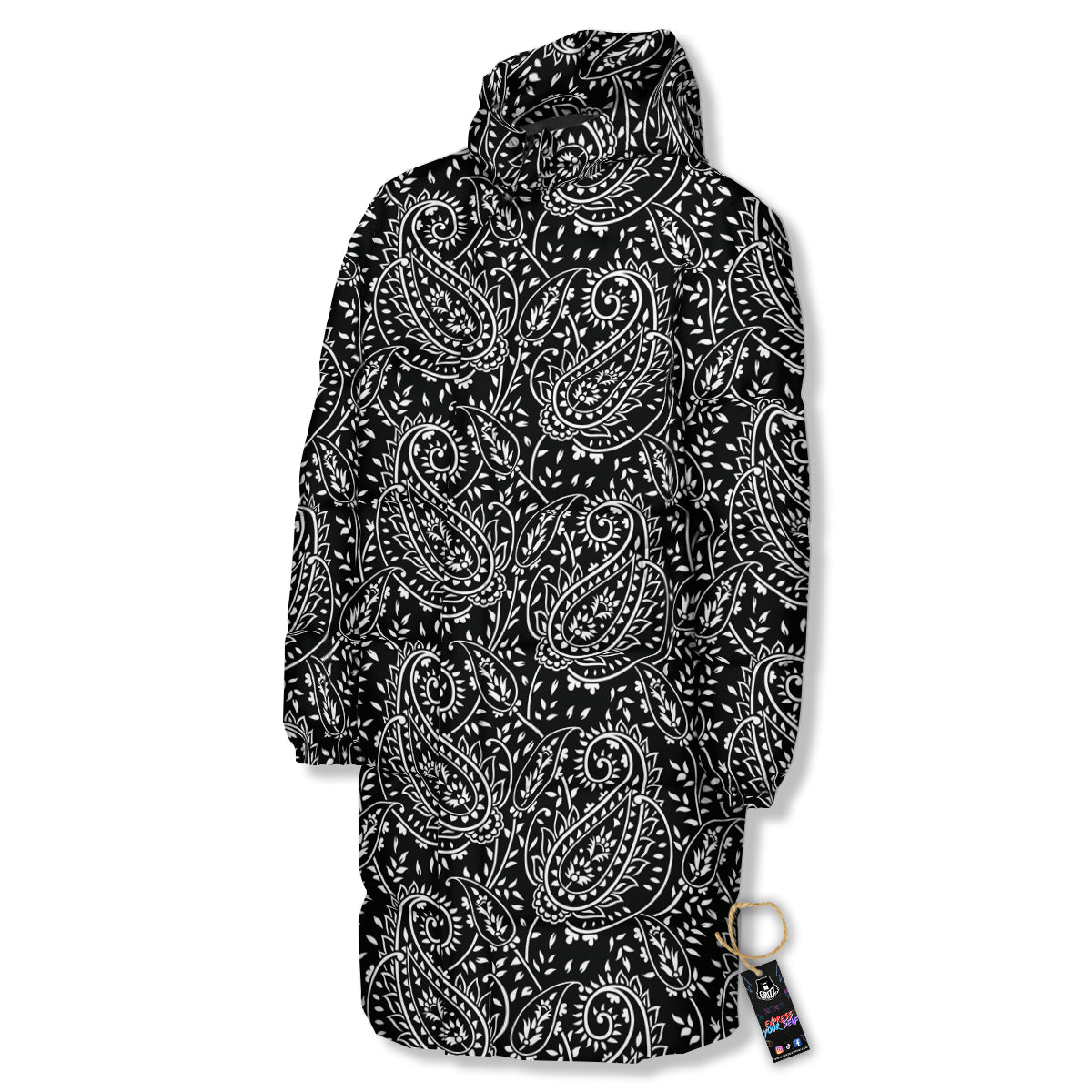 Paisley White And Black Print Pattern Long Down Jacket-grizzshop