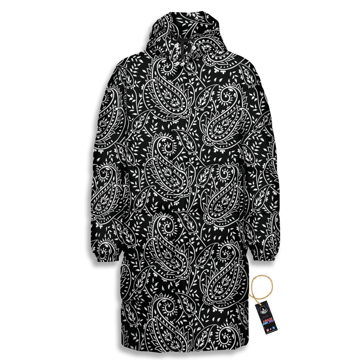 Paisley White And Black Print Pattern Long Down Jacket-grizzshop