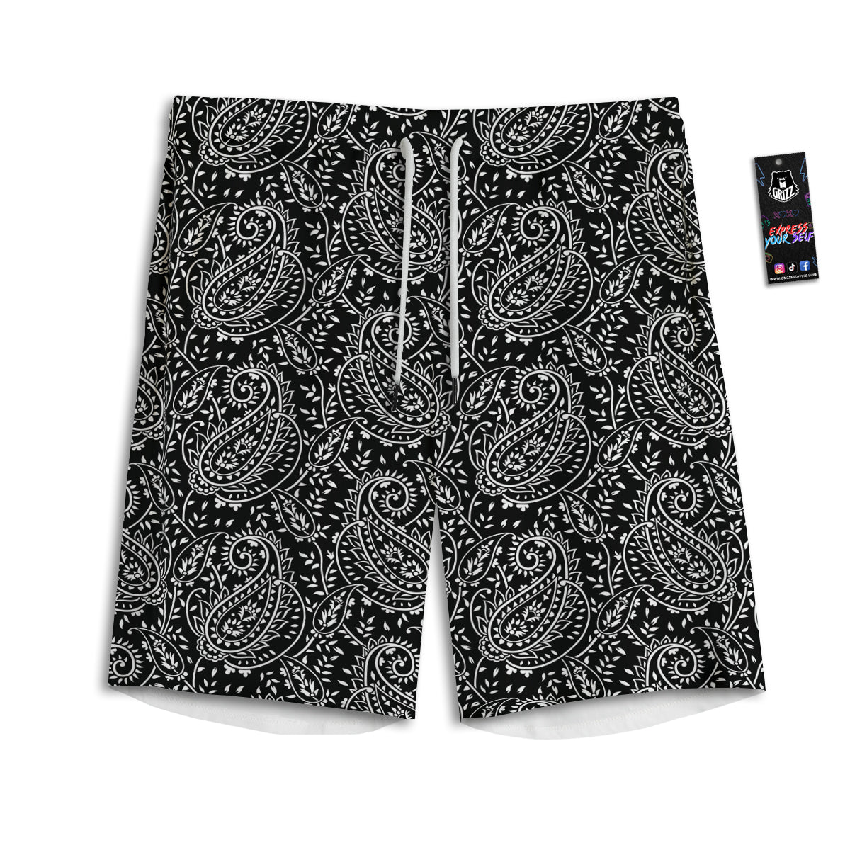 Paisley White And Black Print Pattern Men's Athletic Shorts