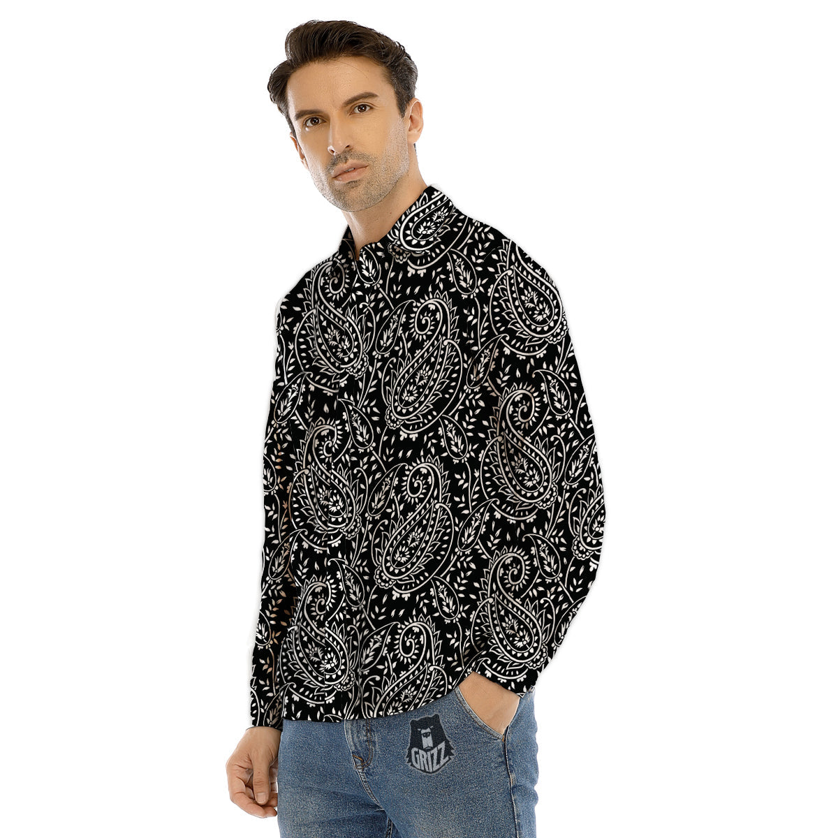 Paisley White And Black Print Pattern Men's Dress Shirts-grizzshop