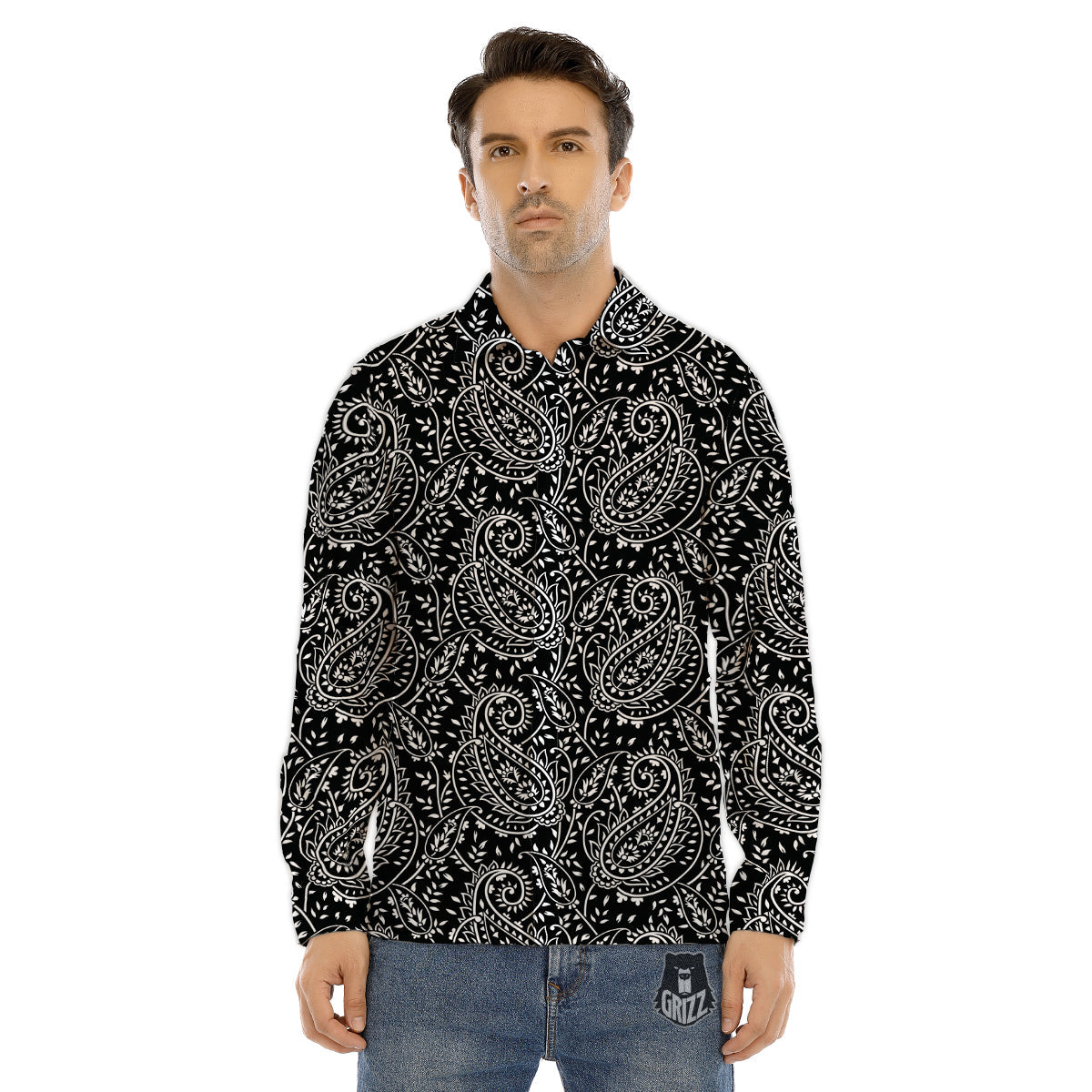 Paisley White And Black Print Pattern Men's Dress Shirts-grizzshop