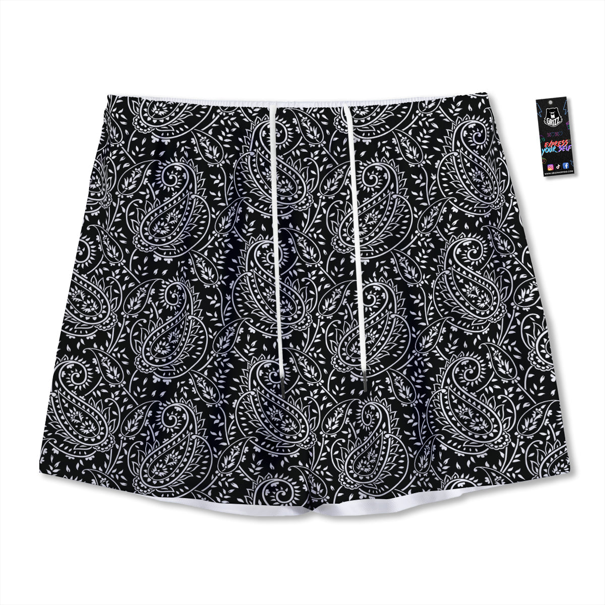 Paisley White And Black Print Pattern Mesh Shorts