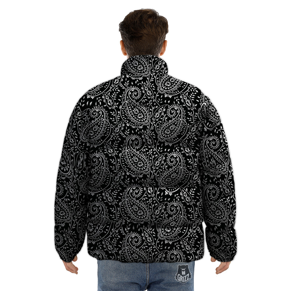 Paisley White And Black Print Pattern Puffer Jacket-grizzshop