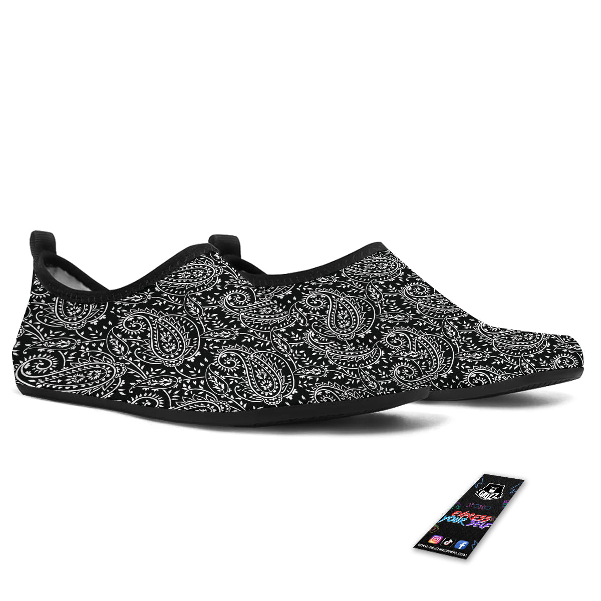 Paisley White And Black Print Pattern Water Shoes-grizzshop