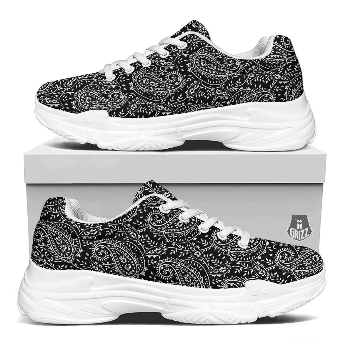 Paisley White And Black Print Pattern White Chunky Shoes-grizzshop