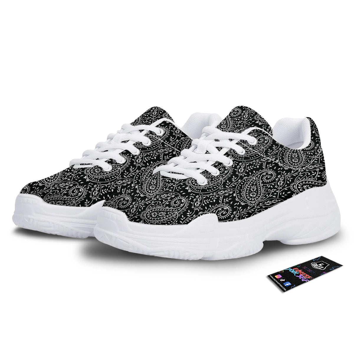 Paisley White And Black Print Pattern White Chunky Shoes-grizzshop