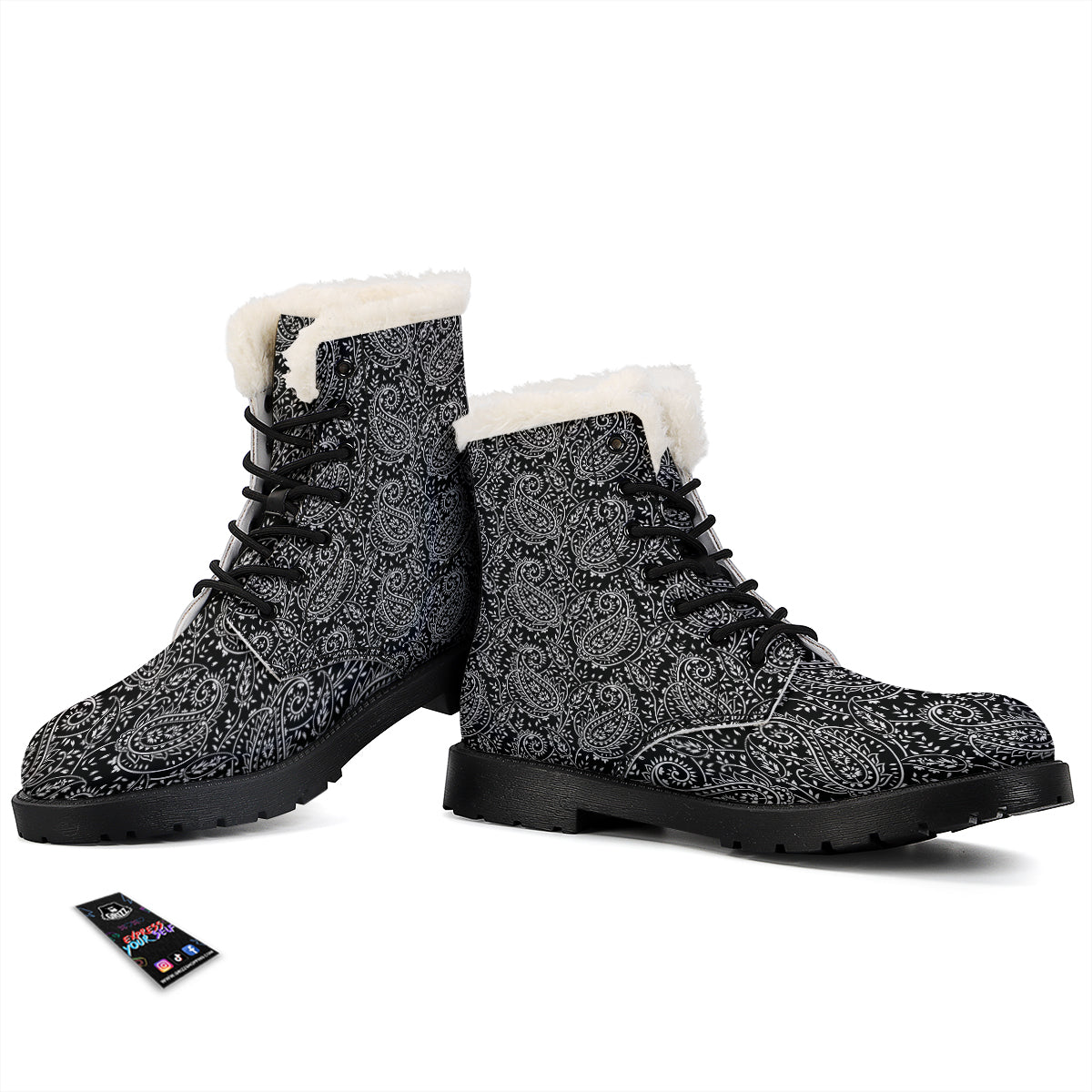 Paisley White And Black Print Pattern Winter Boots-grizzshop