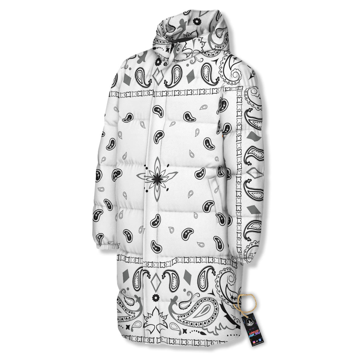 Paisley Bandana White And Black Print Long Down Jacket