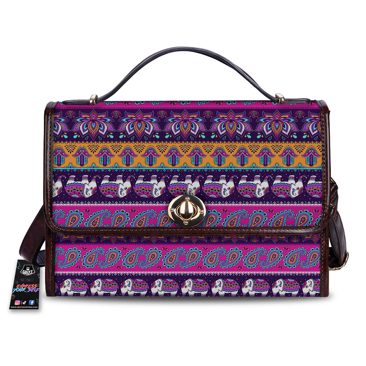 Paisley Elephant Hamsa Print Pattern Women's Satchel Bag