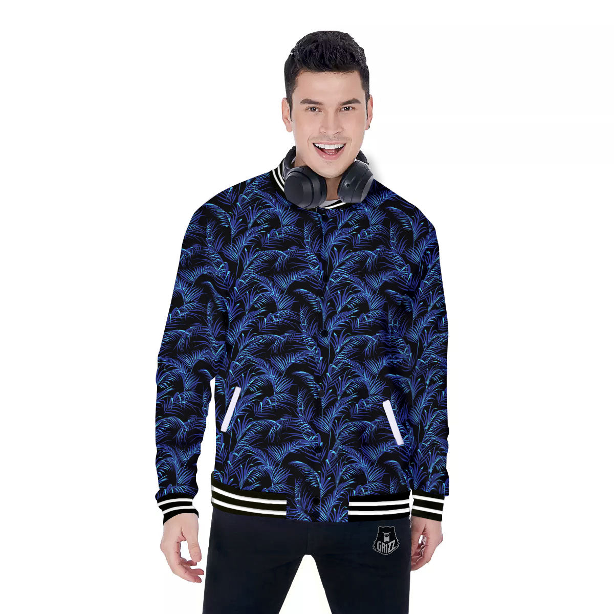 Palm Leaf Dark Tropical Print Pattern Baseball Jacket-grizzshop