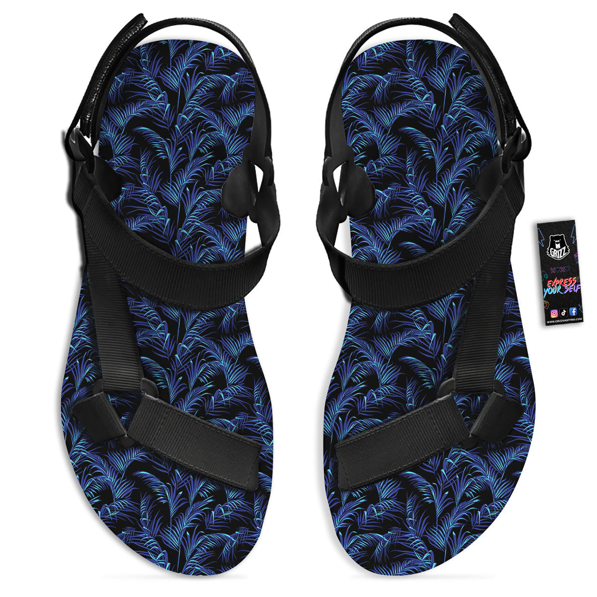 Palm Leaf Dark Tropical Print Pattern Black Open Toe Sandals-grizzshop