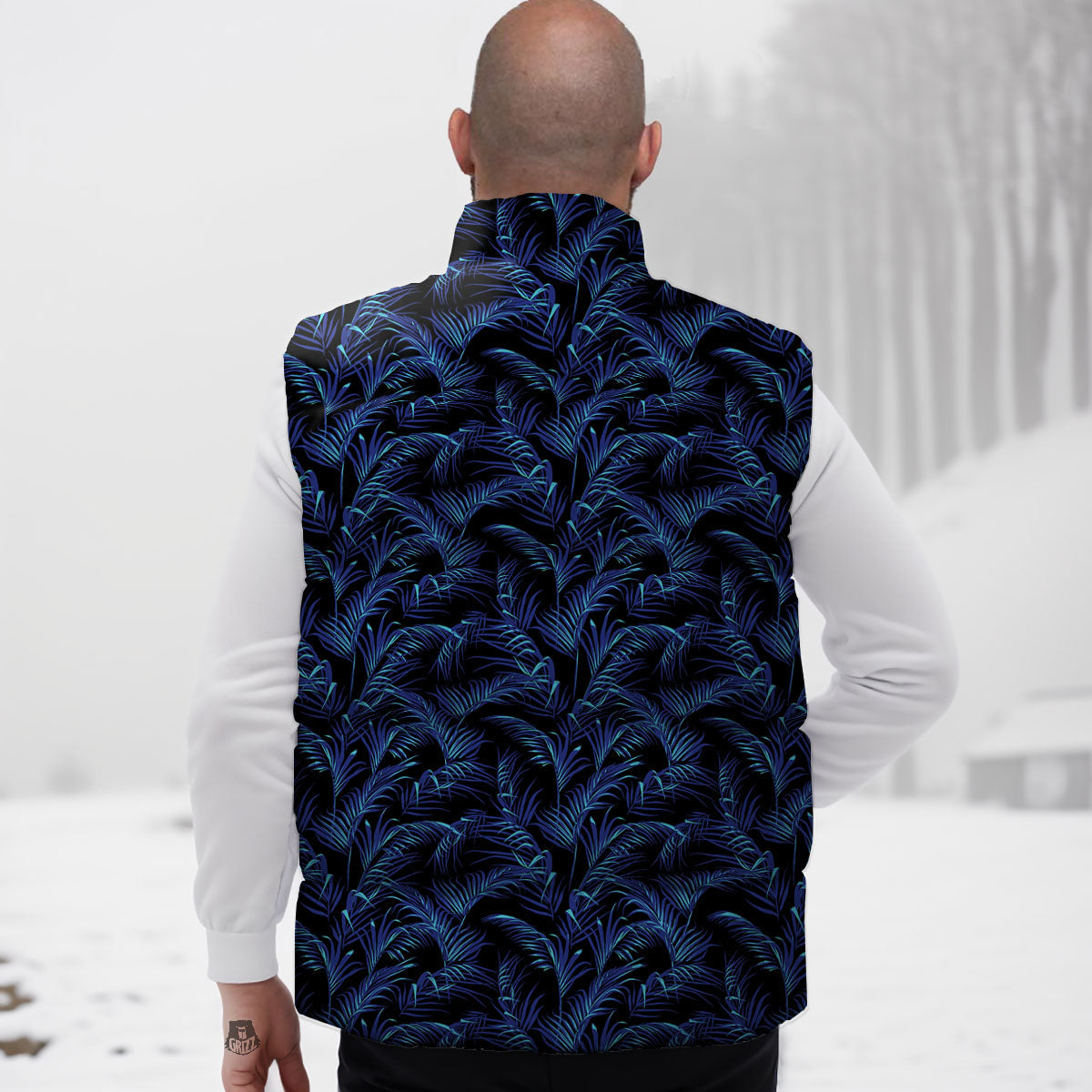 Palm Leaf Dark Tropical Print Pattern Down Vest