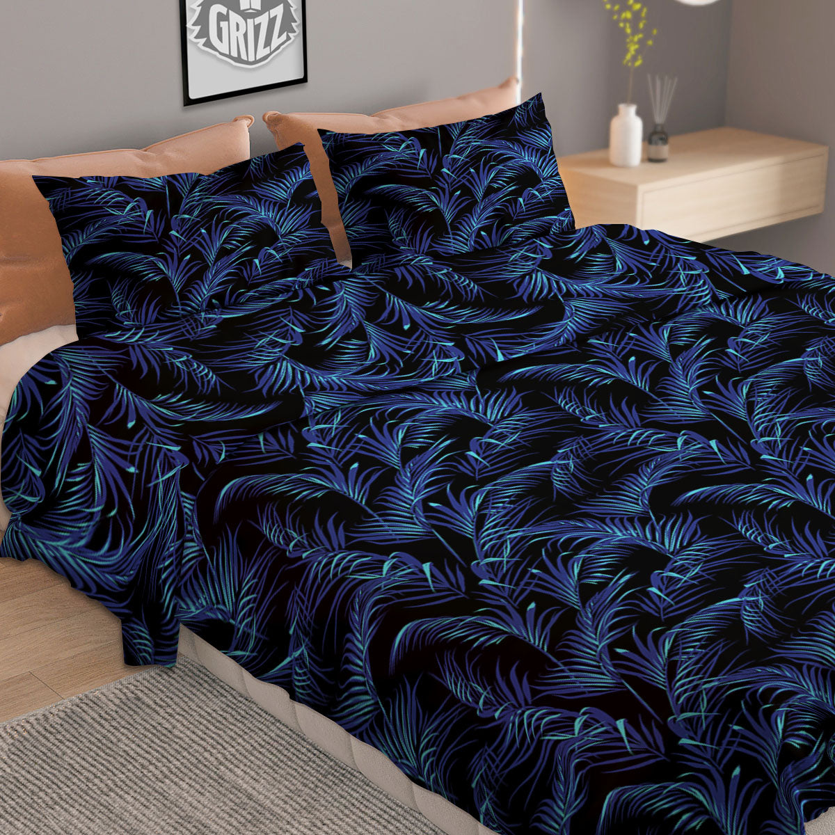 Palm Leaf Dark Tropical Print Pattern Duvet Cover Bedding Set