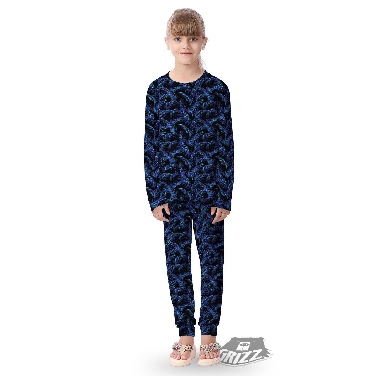 Palm Leaf Dark Tropical Print Pattern Kid's Pajamas-grizzshop