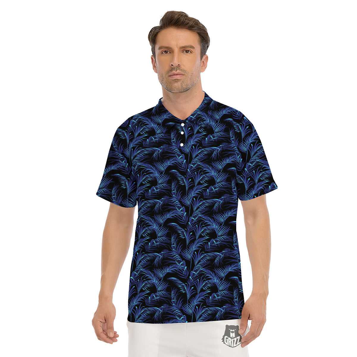 Palm Leaf Dark Tropical Print Pattern Men's Golf Shirts-grizzshop