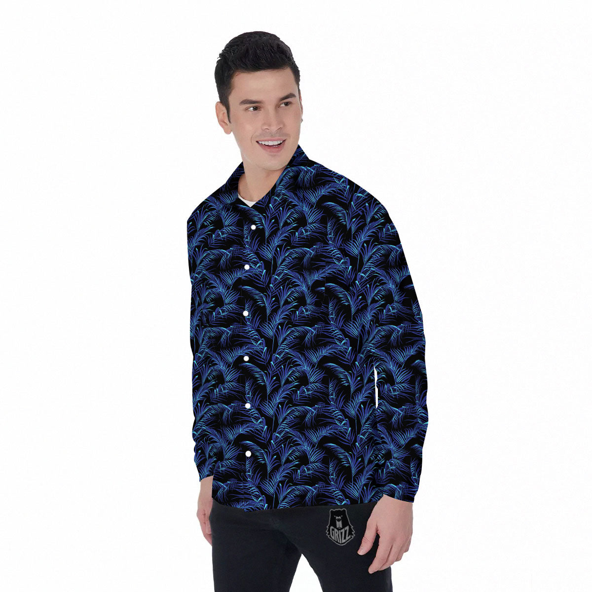Palm Leaf Dark Tropical Print Pattern Men's Long Sleeve Shirts-grizzshop