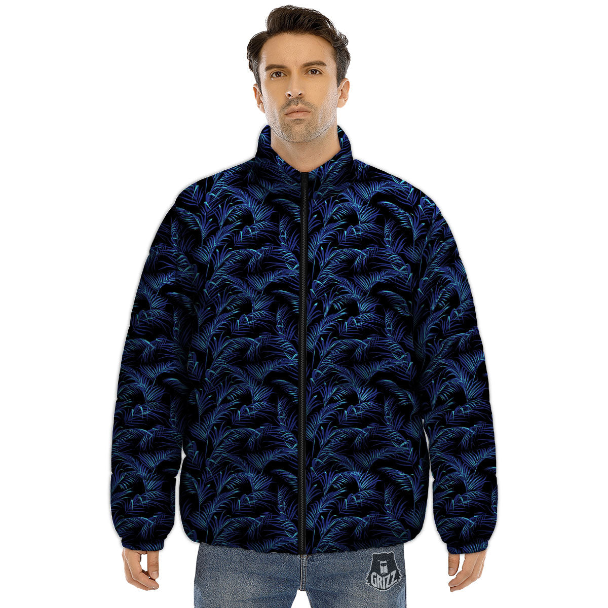 Palm Leaf Dark Tropical Print Pattern Puffer Jacket-grizzshop
