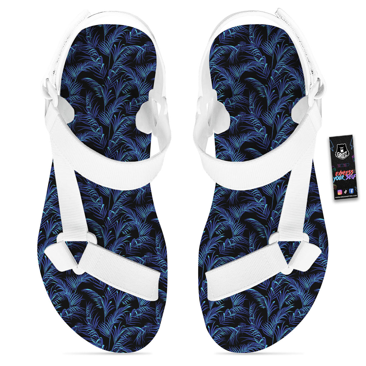 Palm Leaf Dark Tropical Print Pattern White Open Toe Sandals-grizzshop