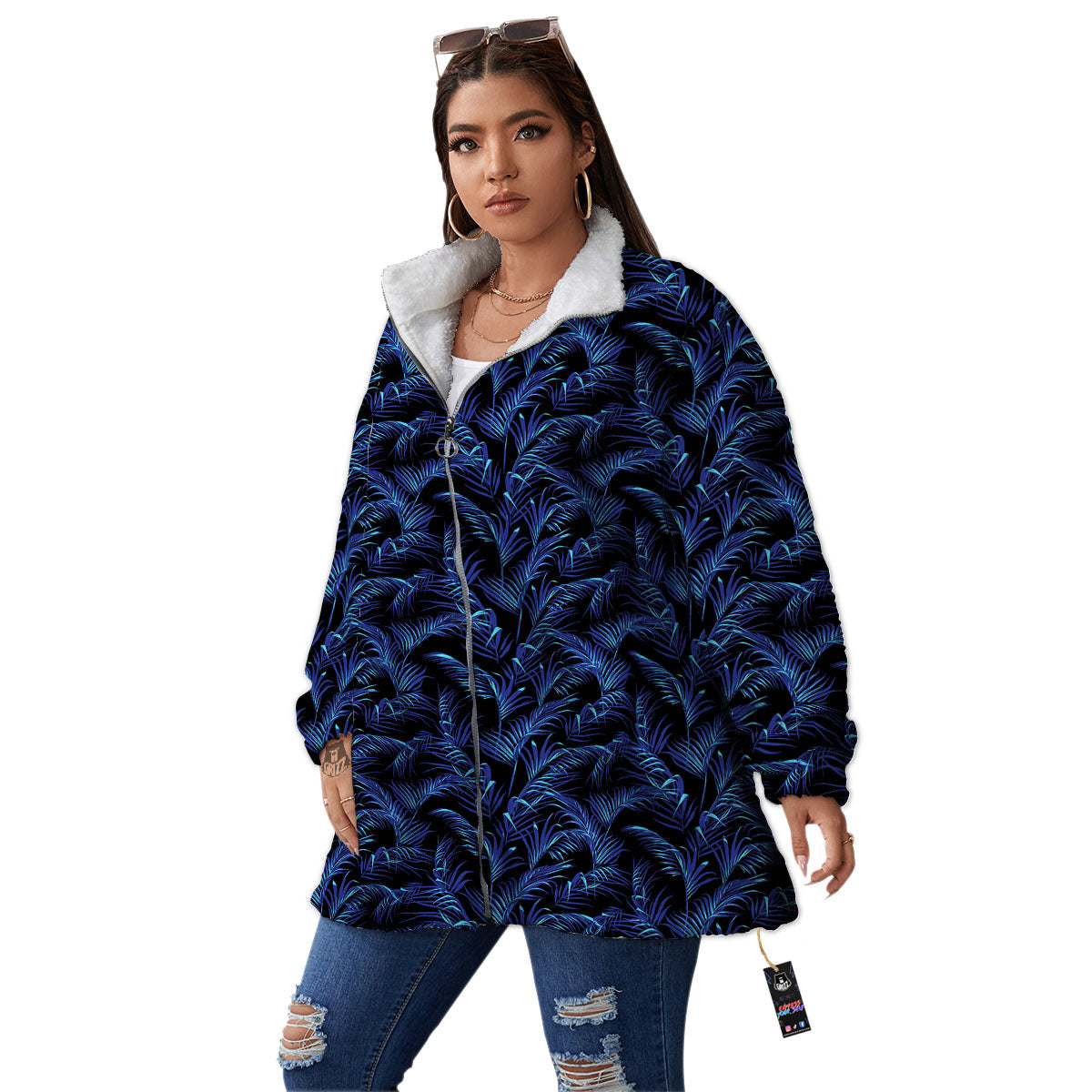 Palm Leaf Dark Tropical Print Pattern Women's Sherpa Jacket-grizzshop