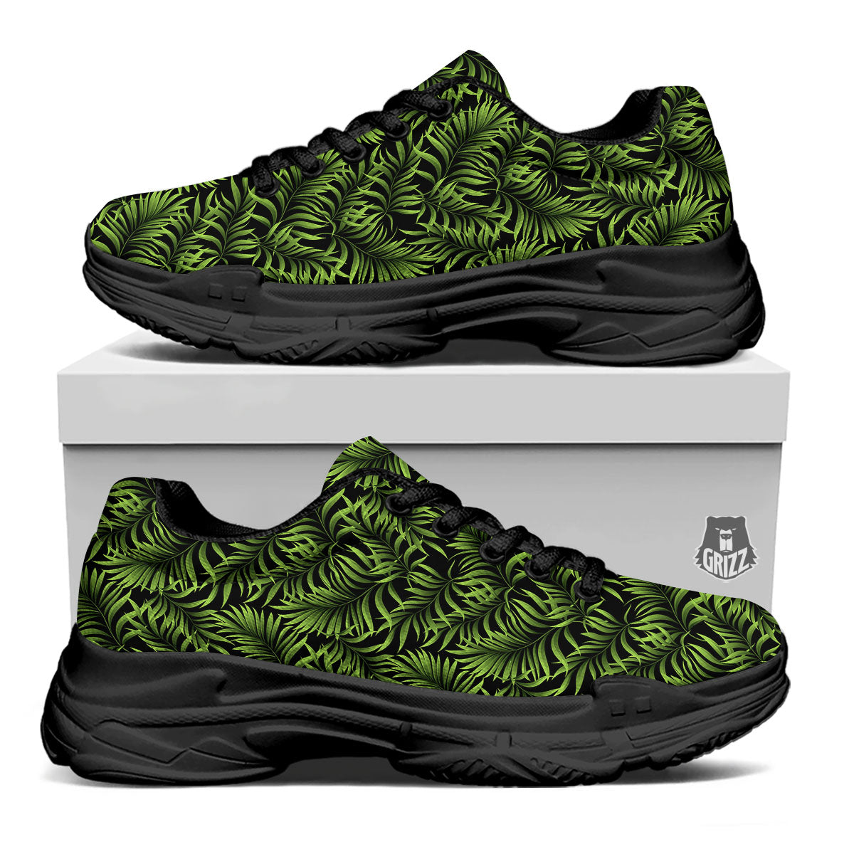 Palm Leaf Green Tropical Print Pattern Black Chunky Shoes-grizzshop