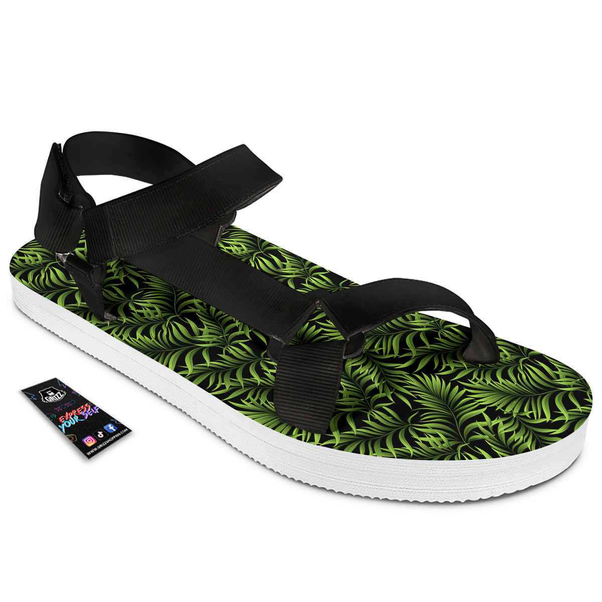 Palm Leaf Green Tropical Print Pattern Black Open Toe Sandals-grizzshop