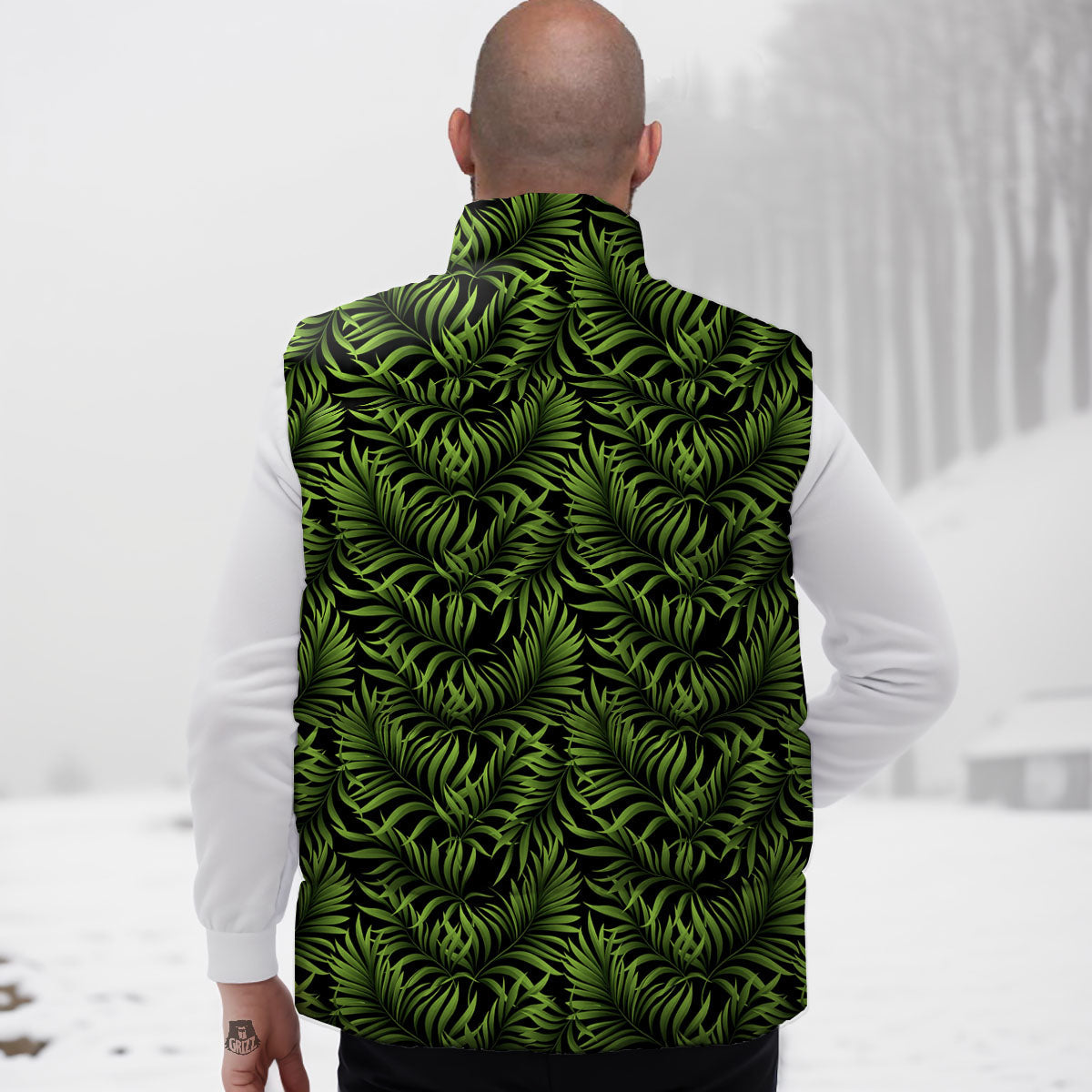 Palm Leaf Green Tropical Print Pattern Down Vest