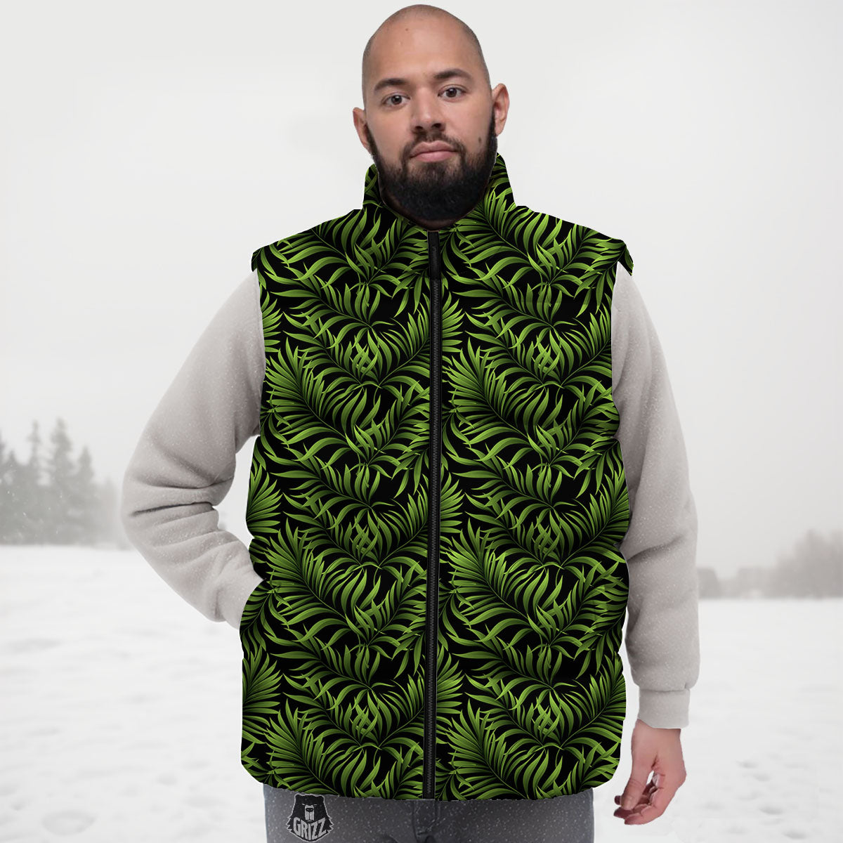 Palm Leaf Green Tropical Print Pattern Down Vest