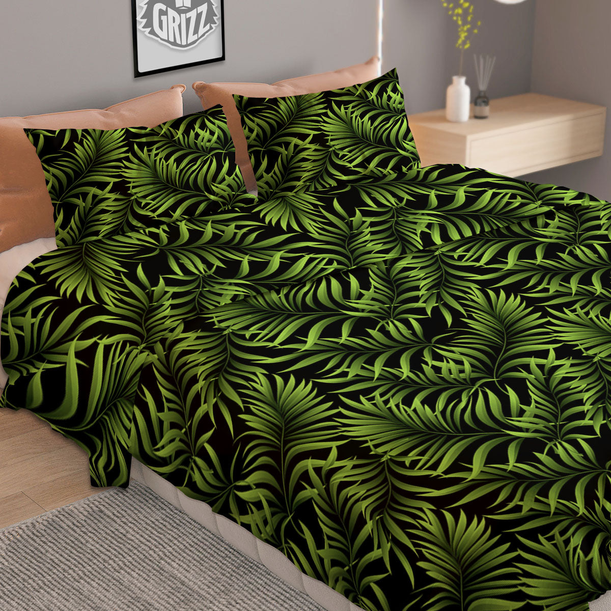 Palm Leaf Green Tropical Print Pattern Duvet Cover Bedding Set