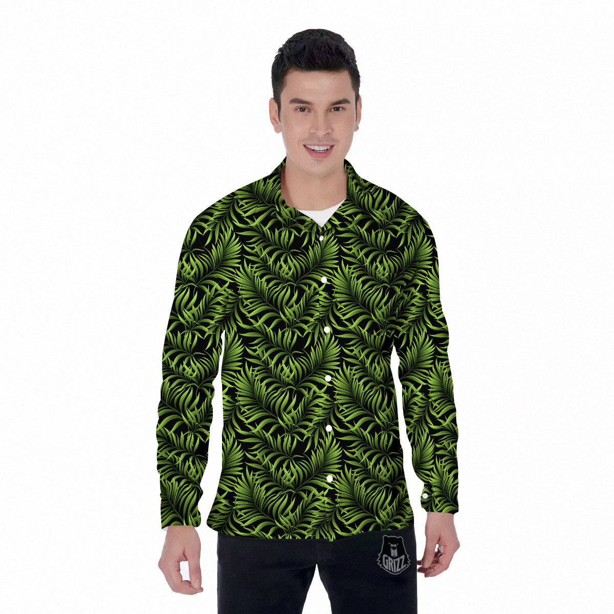 Palm Leaf Green Tropical Print Pattern Men's Long Sleeve Shirts-grizzshop