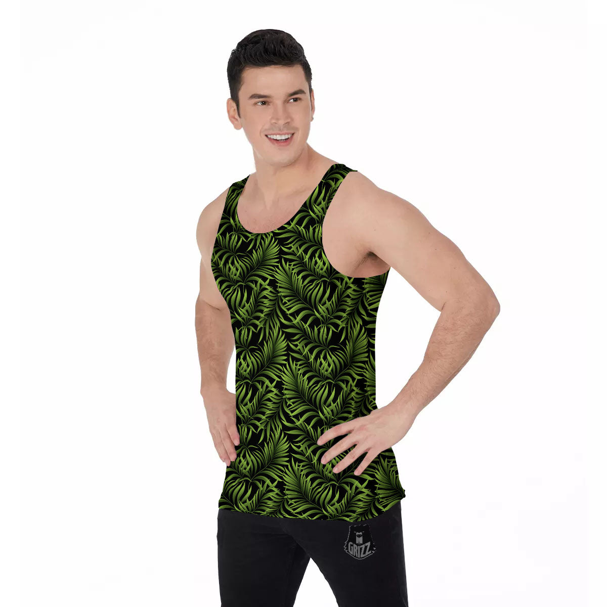 Palm Leaf Green Tropical Print Pattern Men's Tank Top-grizzshop