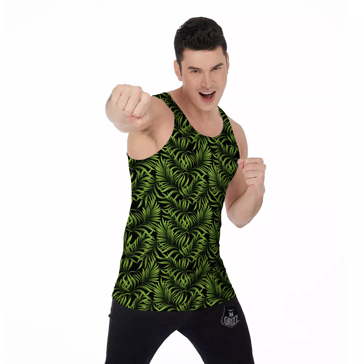 Palm Leaf Green Tropical Print Pattern Men's Tank Top-grizzshop