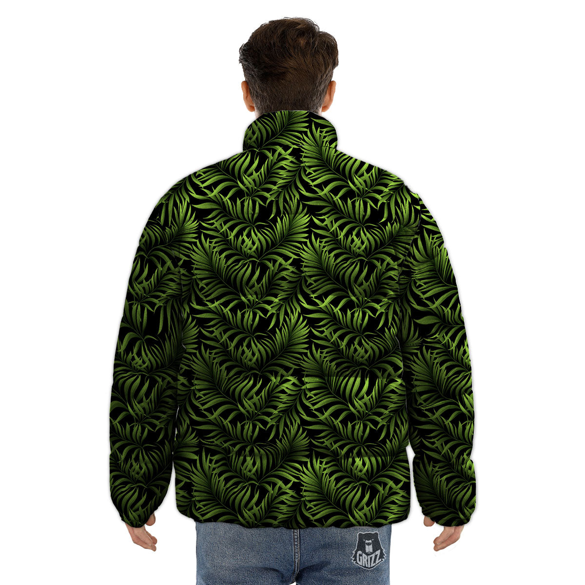 Palm Leaf Green Tropical Print Pattern Puffer Jacket-grizzshop