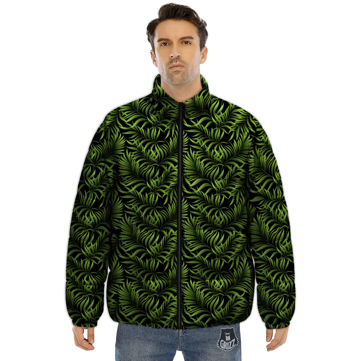 Palm Leaf Green Tropical Print Pattern Puffer Jacket-grizzshop