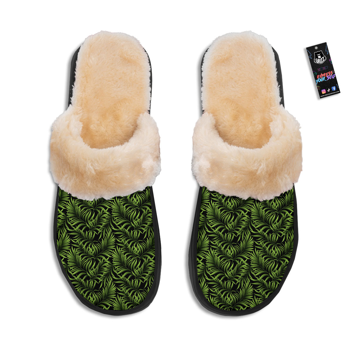 Palm Leaf Green Tropical Print Pattern Slippers-grizzshop